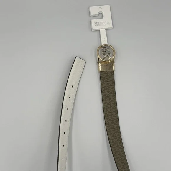 Michael Kors Belt Twist Reversible Leather MK Logo Buckle White‎ Khaki XL - Picture 2 of 6